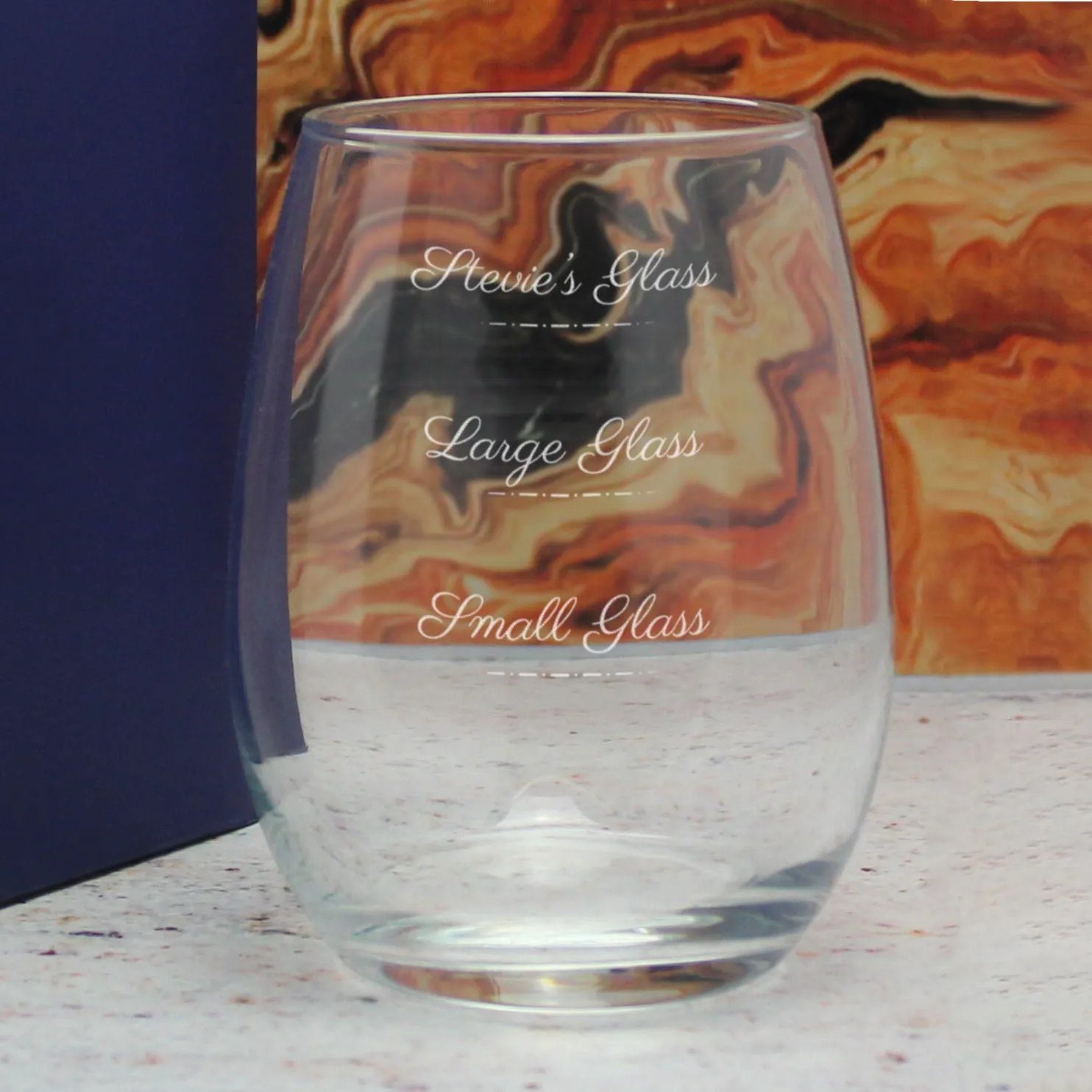 Personalised Engraved Stemless Amber Wine Glass with Name's Glass Script Measurements Design, Customise with Any Name