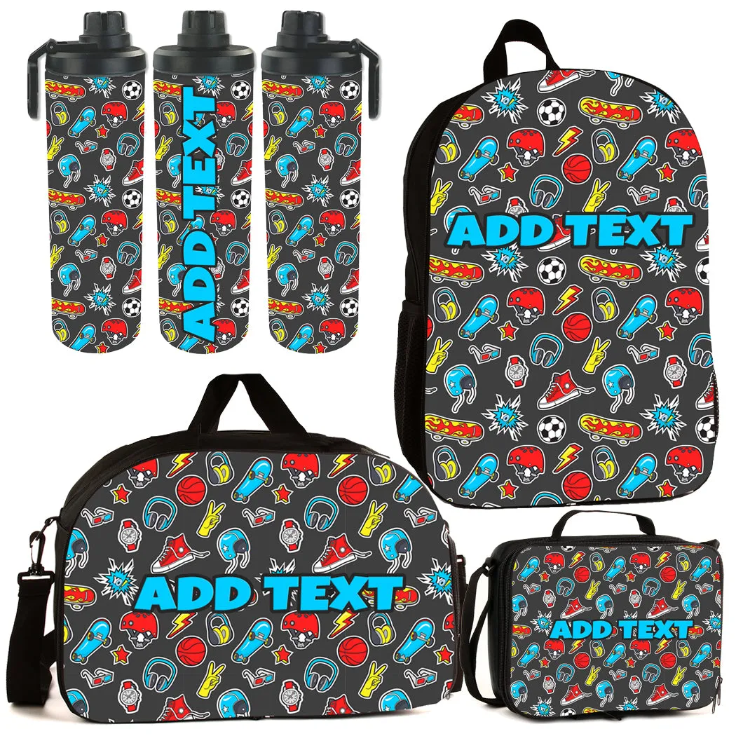 Personalized Backpacks, Lunch Bags, Duffel Bags, or Water Bottles with Full-Color - Skater Stickers