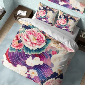 Pink Chrysanthemum Duvet Cover Japanese Pattern Quilt Cover, Great Wave Bedding Set Purple Bedspread Girly Bedroom Bed Cover