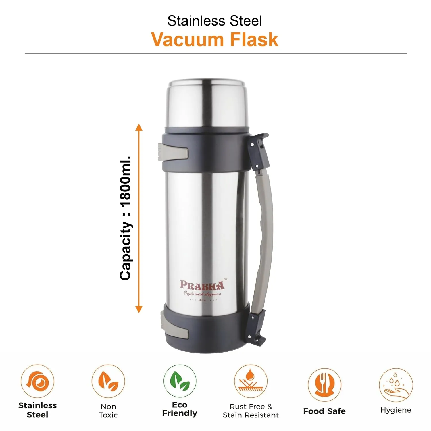 Prabha Stainless Steel Vacuum Flask - 1800ml | Genuine Material | Best for 24X7 Hours of Hot or Cold Drinks