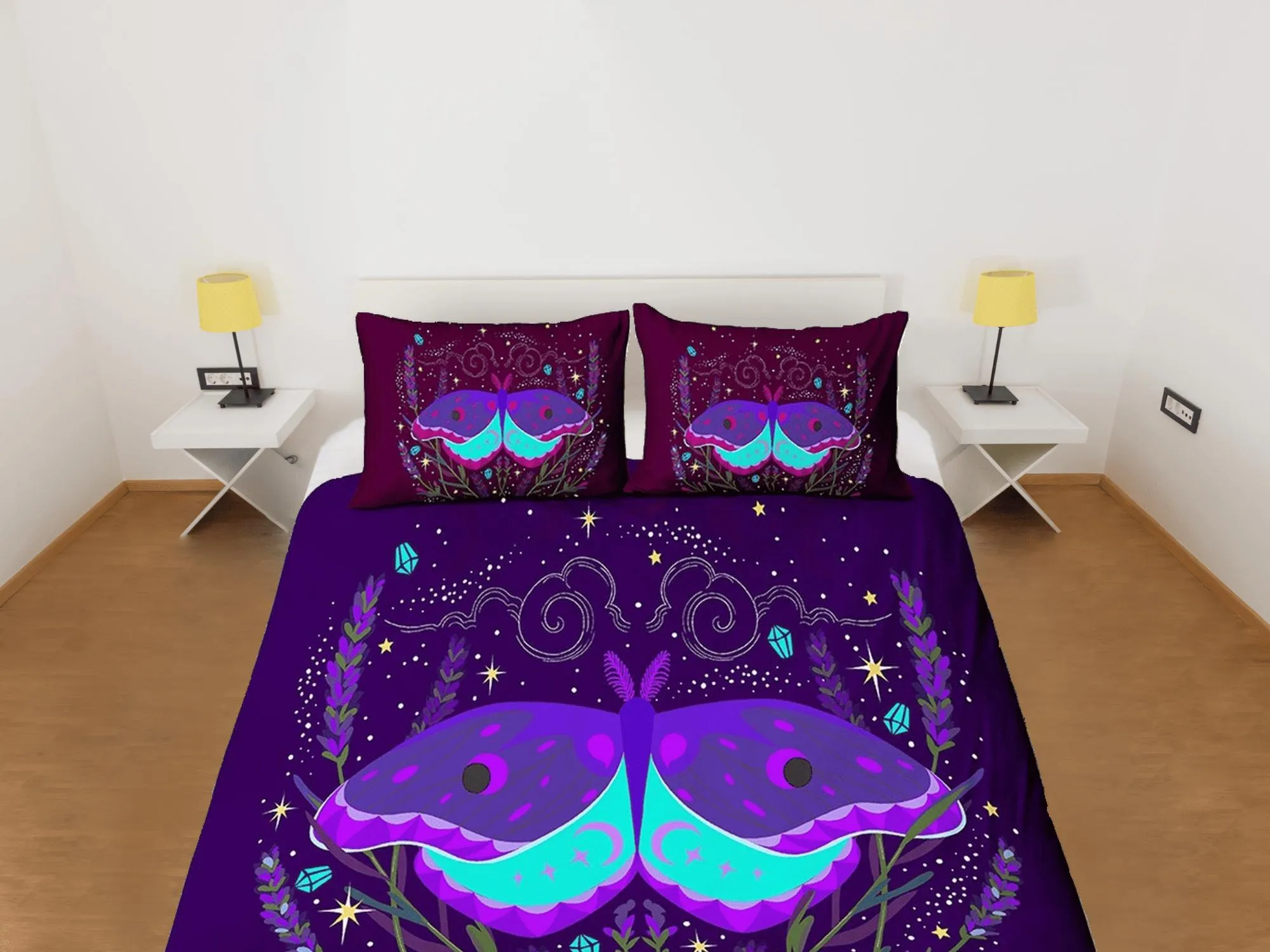 Purple luna moth neon celestial bedding, witchy decor dorm bedding, aesthetic duvet, boho bedding set full king queen, astrology gift gothic