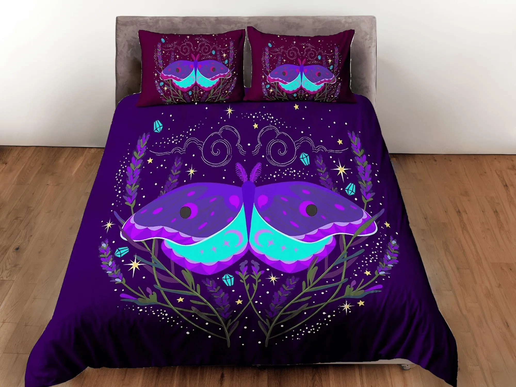 Purple luna moth neon celestial bedding, witchy decor dorm bedding, aesthetic duvet, boho bedding set full king queen, astrology gift gothic