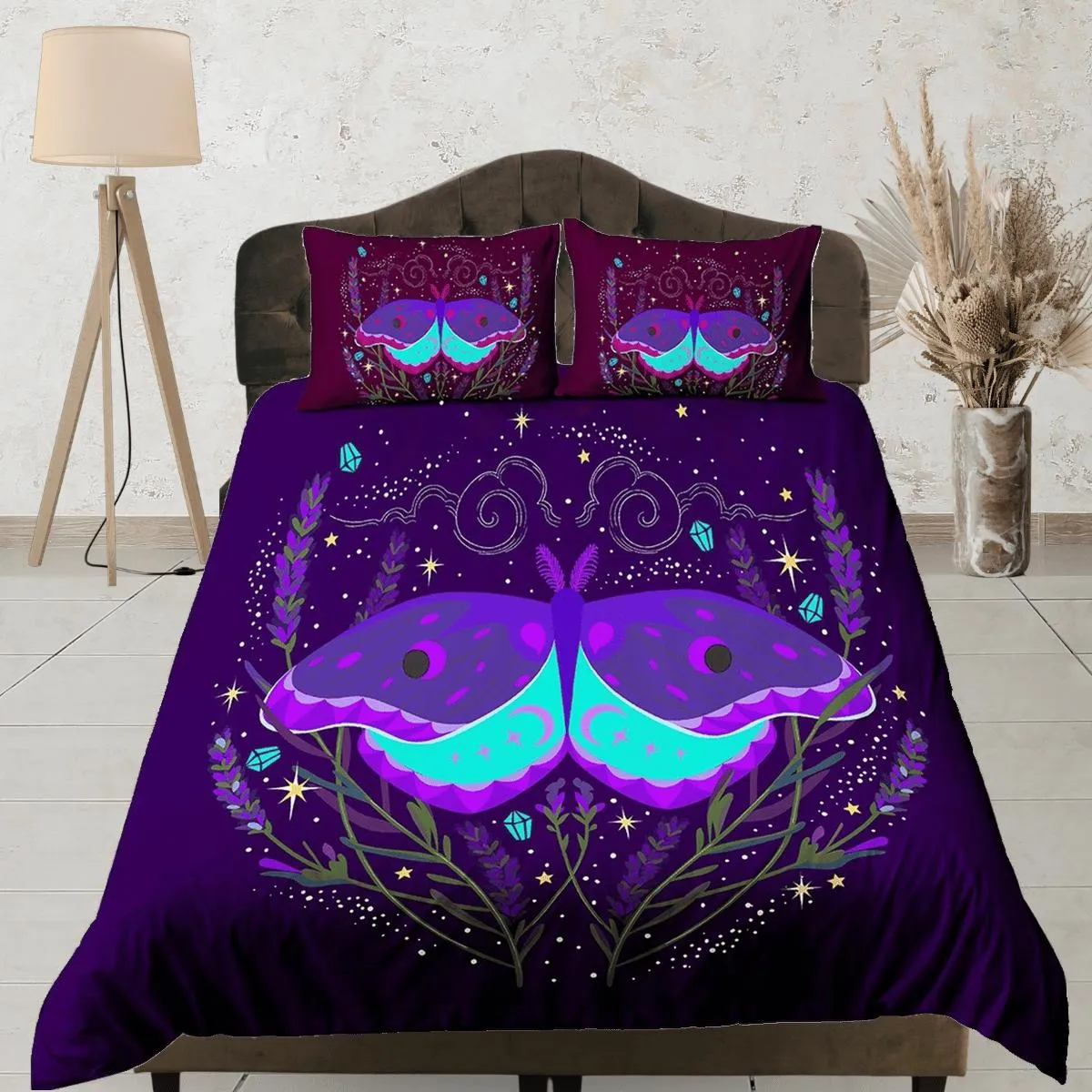 Purple luna moth neon celestial bedding, witchy decor dorm bedding, aesthetic duvet, boho bedding set full king queen, astrology gift gothic