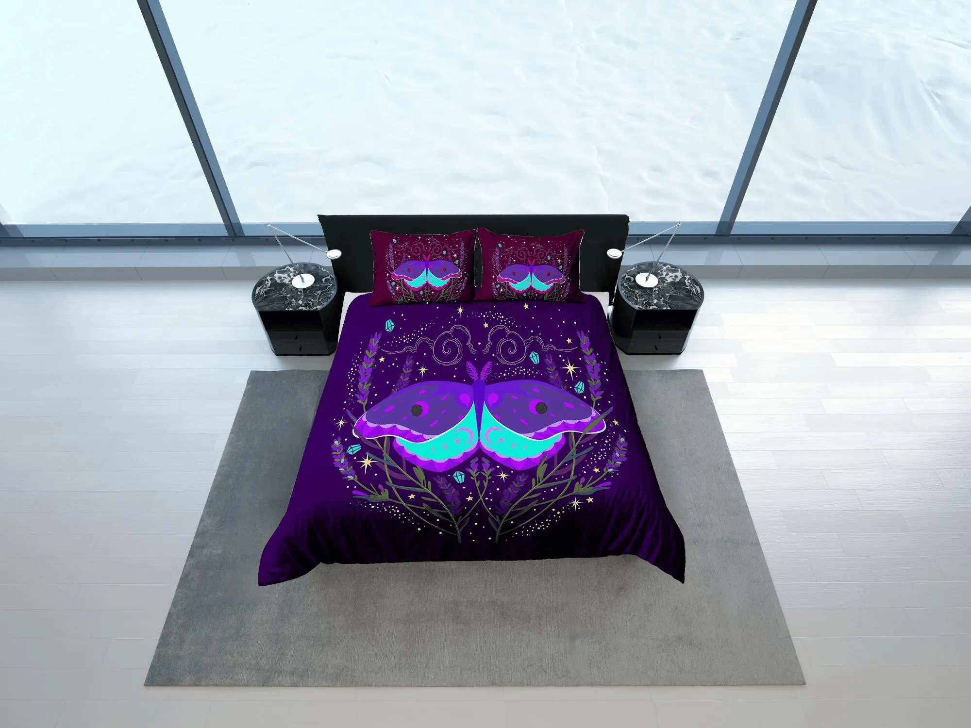 Purple luna moth neon celestial bedding, witchy decor dorm bedding, aesthetic duvet, boho bedding set full king queen, astrology gift gothic