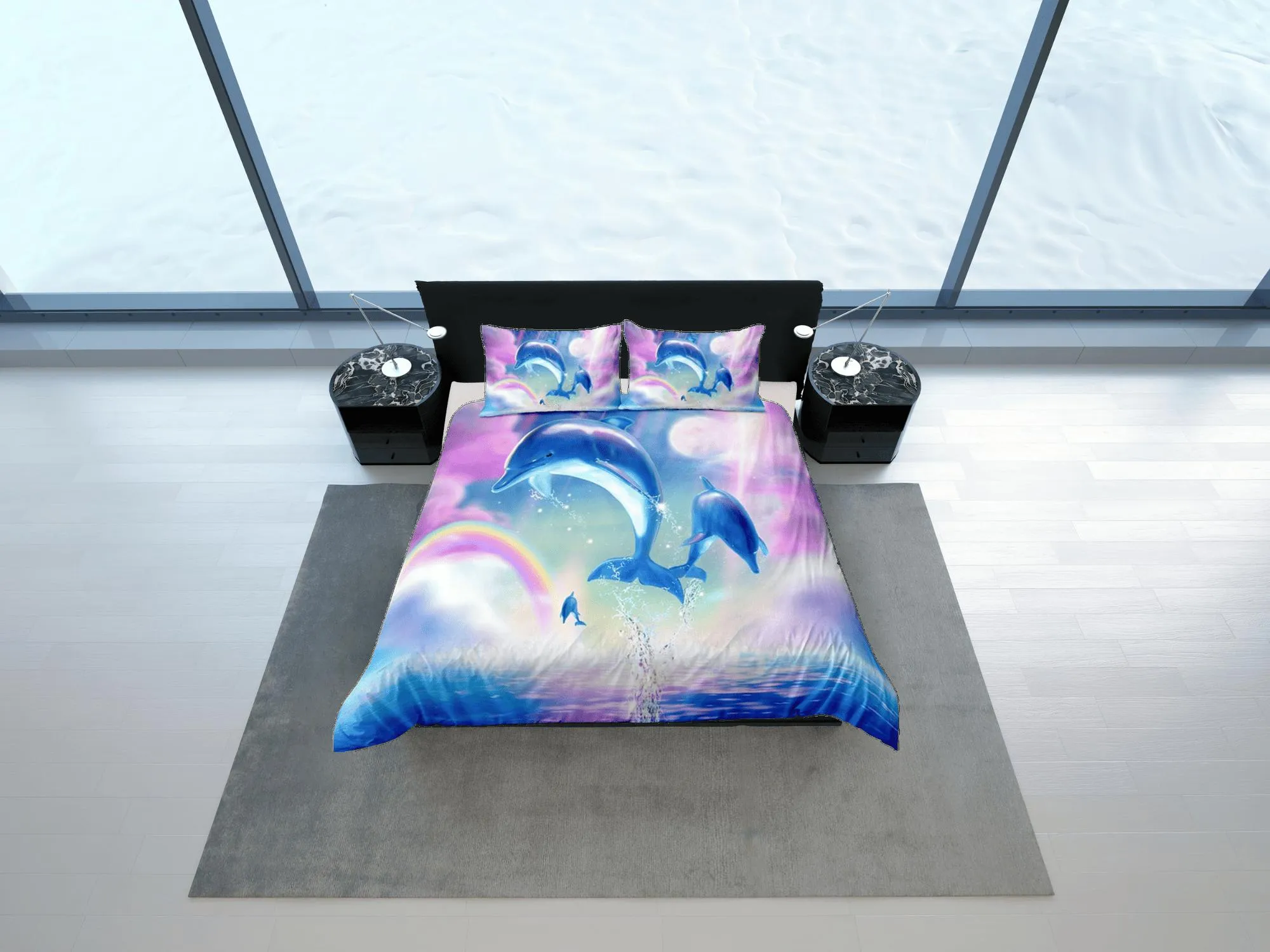 Rainbow & jumping dolphin bedding pink blue duvet cover, ocean blush decor bottle nose dolphin bedding set full king queen, dorm bedding