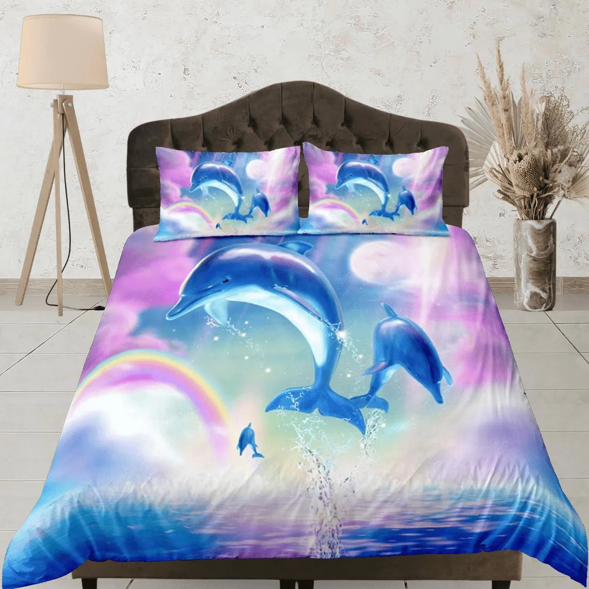 Rainbow & jumping dolphin bedding pink blue duvet cover, ocean blush decor bottle nose dolphin bedding set full king queen, dorm bedding