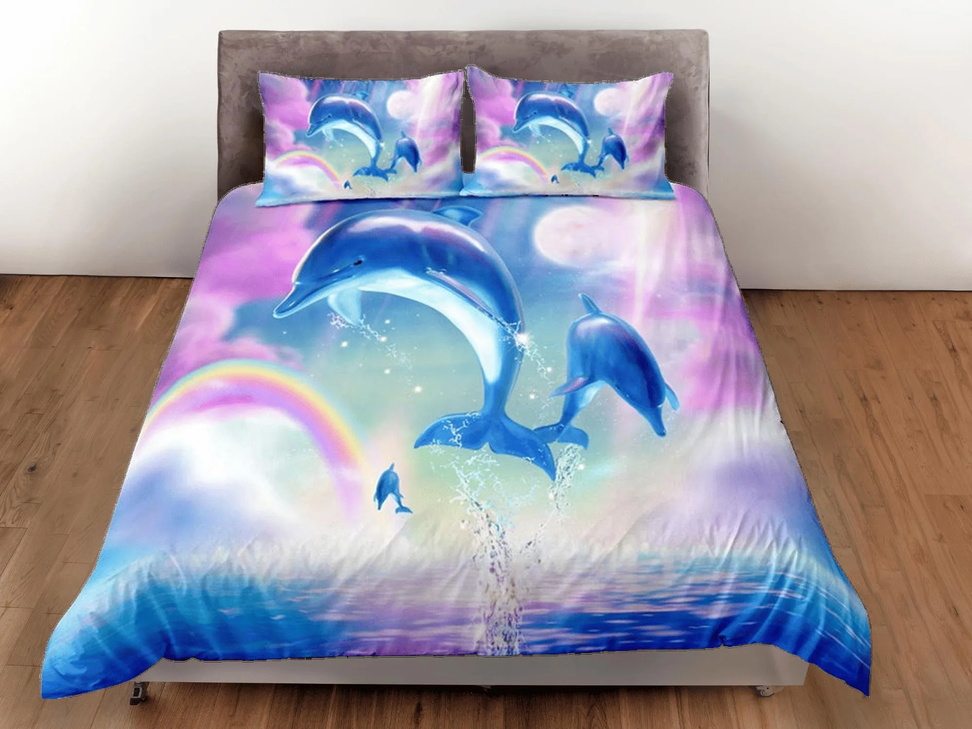 Rainbow & jumping dolphin bedding pink blue duvet cover, ocean blush decor bottle nose dolphin bedding set full king queen, dorm bedding