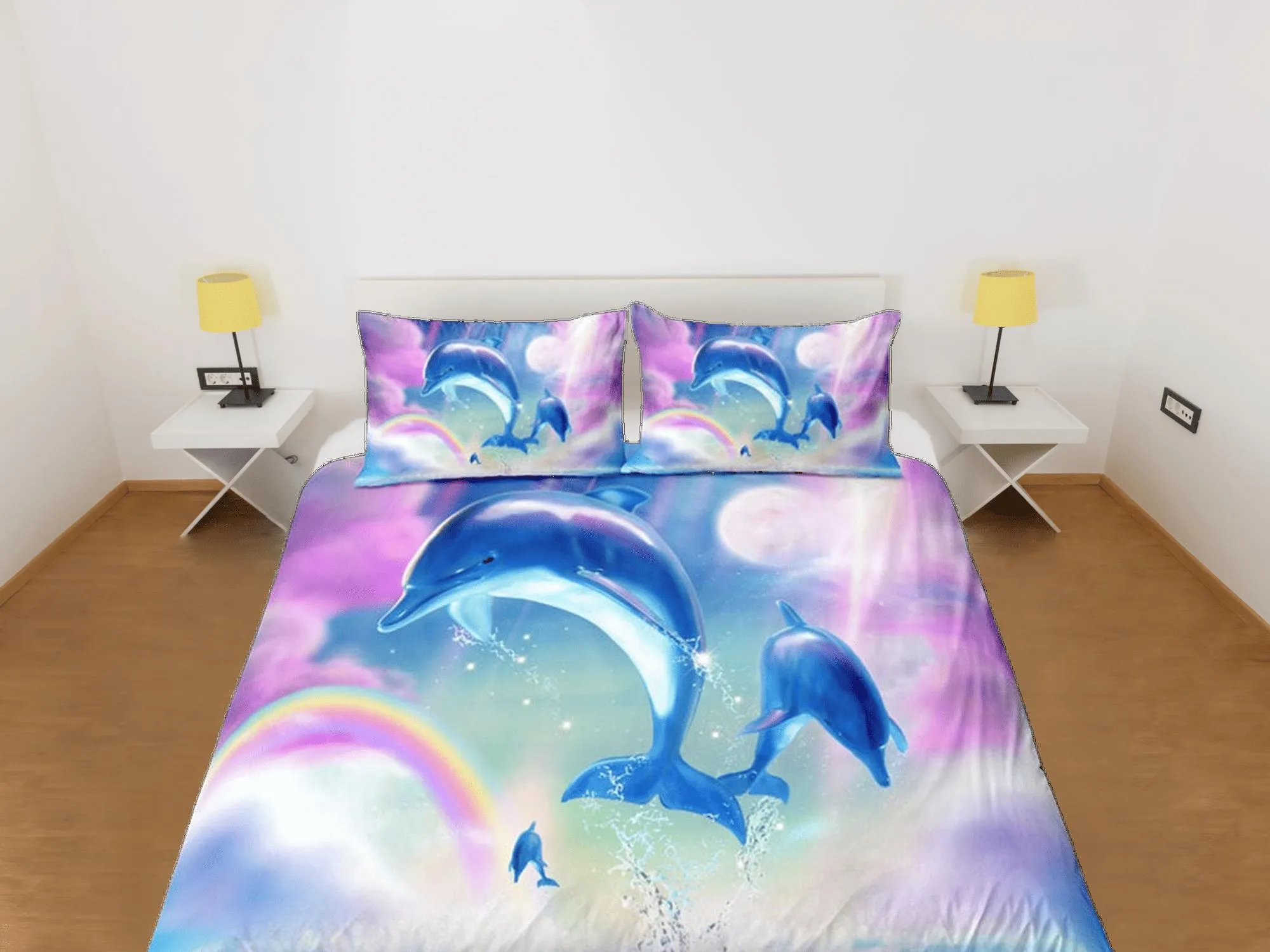 Rainbow & jumping dolphin bedding pink blue duvet cover, ocean blush decor bottle nose dolphin bedding set full king queen, dorm bedding