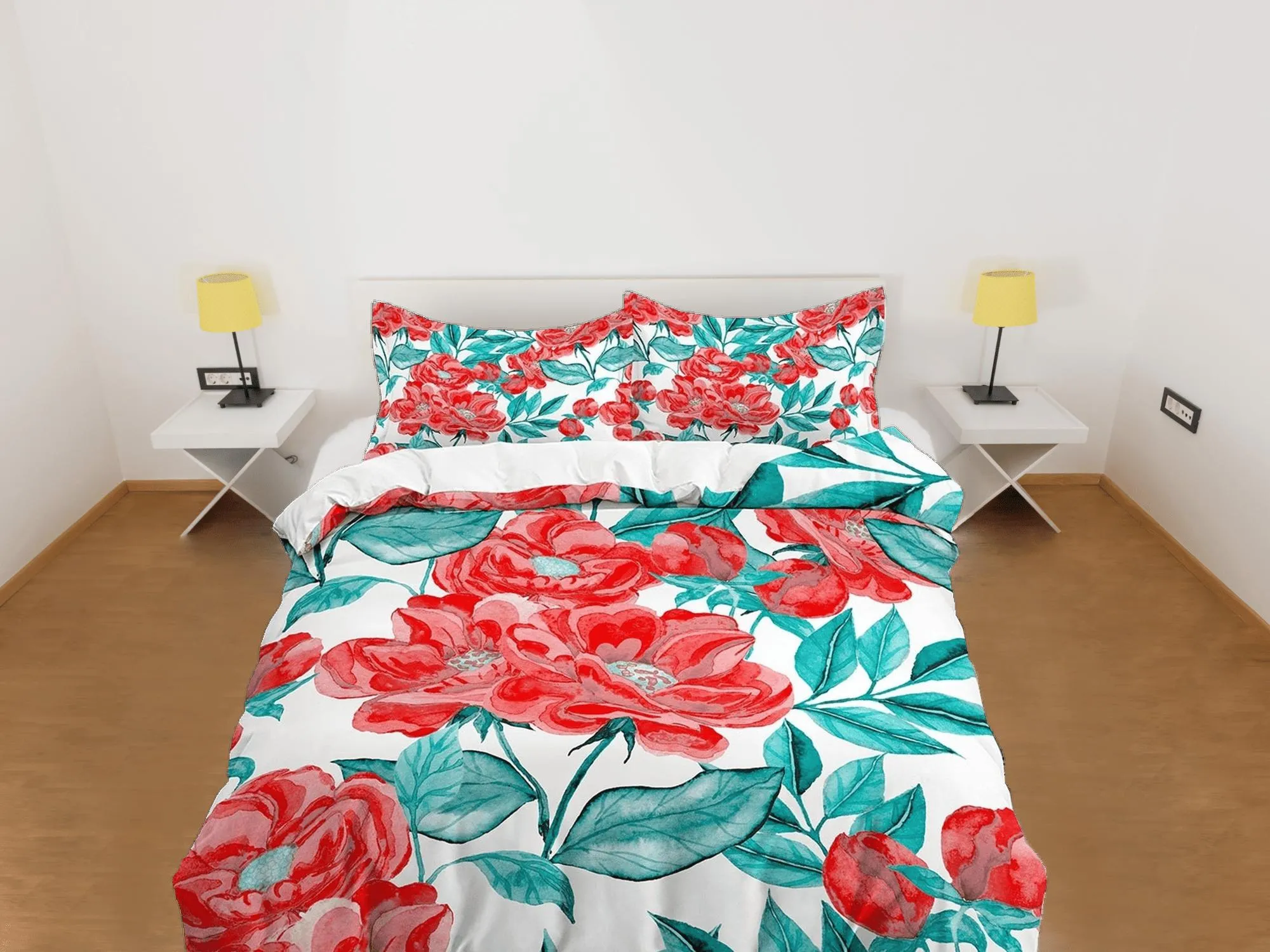 Red green biophilic bedding, floral printed duvet cover queen, king, boho duvet, designer bedding, aesthetic bedding, maximalist decor