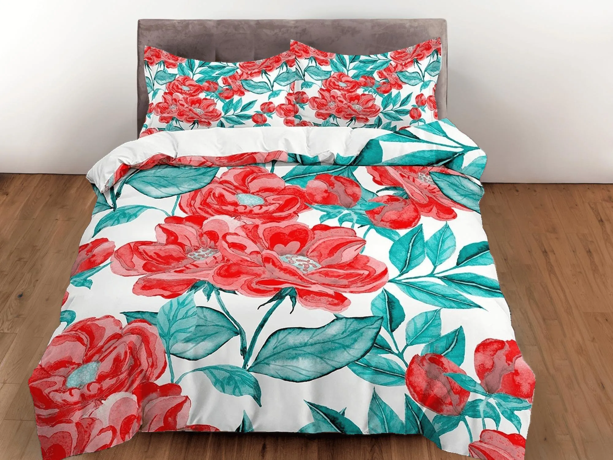 Red green biophilic bedding, floral printed duvet cover queen, king, boho duvet, designer bedding, aesthetic bedding, maximalist decor