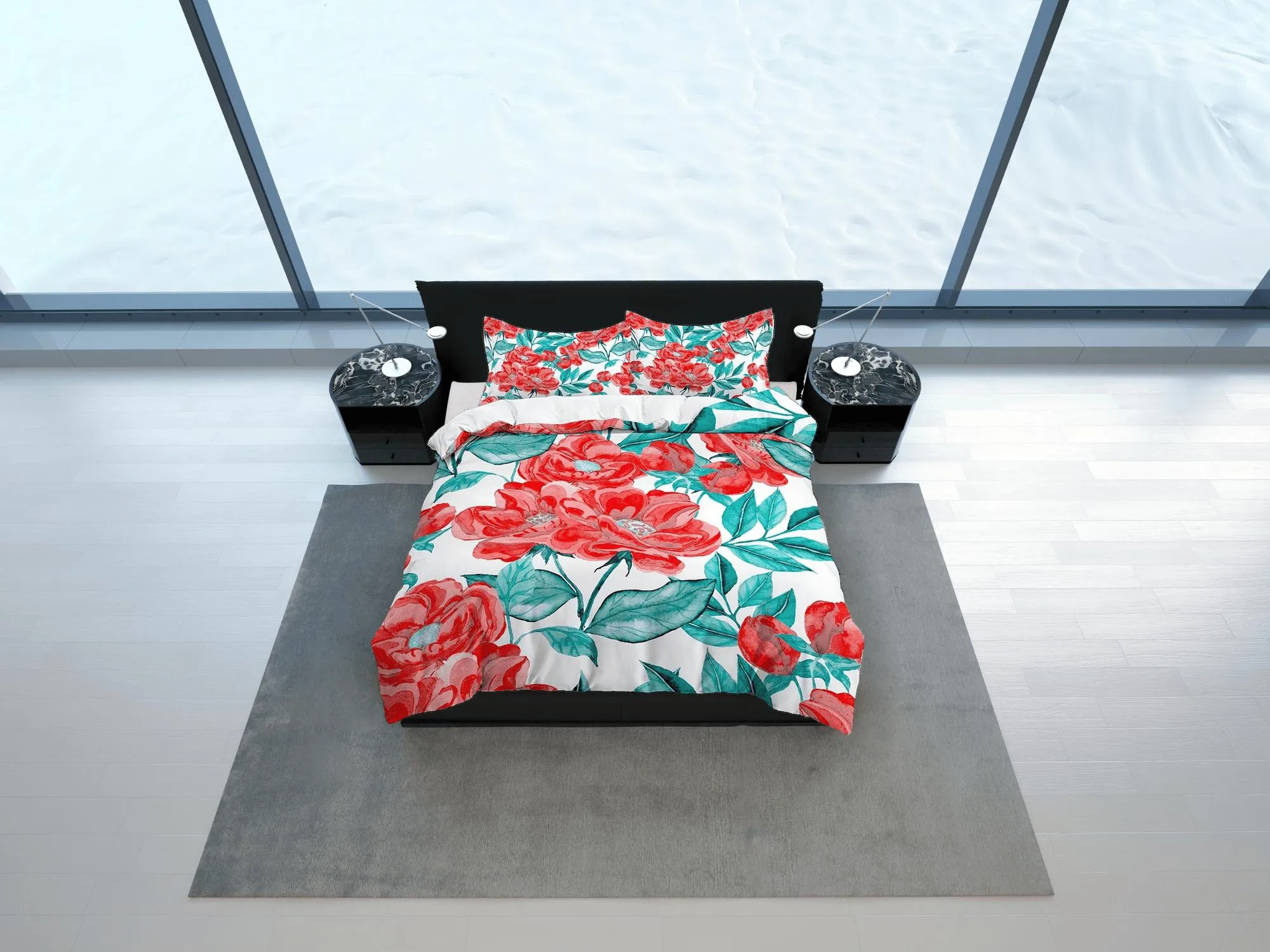 Red green biophilic bedding, floral printed duvet cover queen, king, boho duvet, designer bedding, aesthetic bedding, maximalist decor