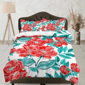 Red green biophilic bedding, floral printed duvet cover queen, king, boho duvet, designer bedding, aesthetic bedding, maximalist decor