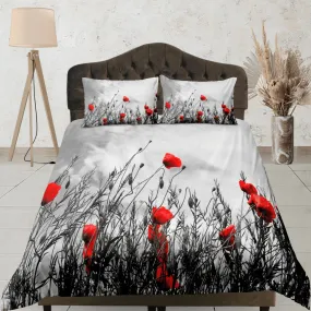 Red poppies nostalgic grey duvet cover colorful bedding, teen girl bedroom, baby girl crib bedding boho maximalist bedspread aesthetic