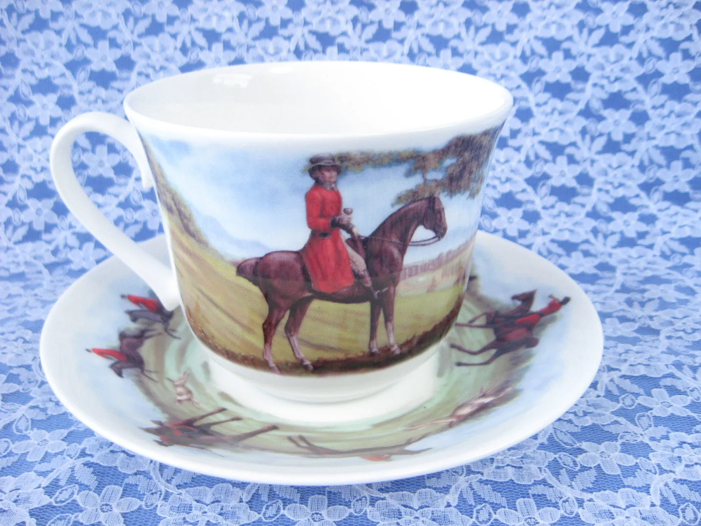 Roy Kirkham Tally Ho Breakfast Size Cup And Saucer English Hunt Scenes Bone China