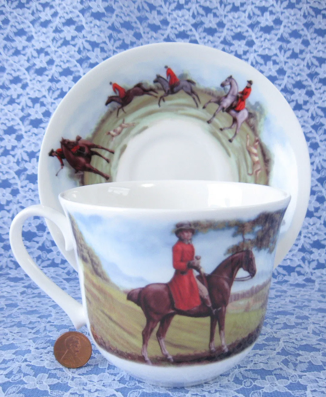 Roy Kirkham Tally Ho Breakfast Size Cup And Saucer English Hunt Scenes Bone China