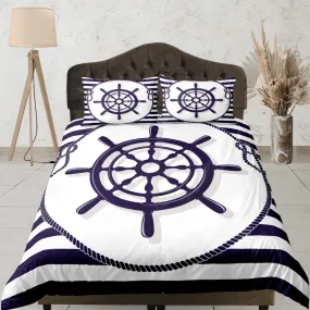 Sea wheel helm nautical duvet cover coastal grandma bedding set full queen king, aesthetic beach room decor, captain gift seaman helmsman