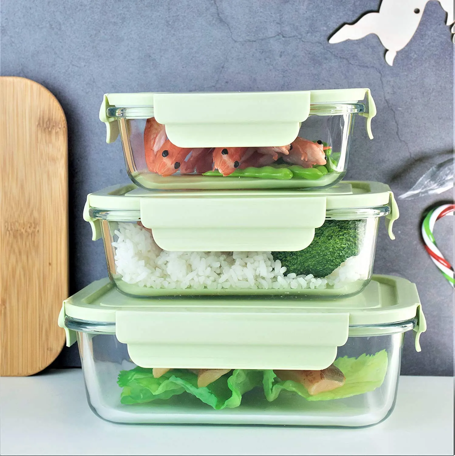 SEAHAVEN Glass Food Storage Container with Airtight Lid, Glass Rectangular Storage/Serving Bowl Set Lunch Tiffin Box with Clamp Plastic Lid Pack of 3(1040 ML)