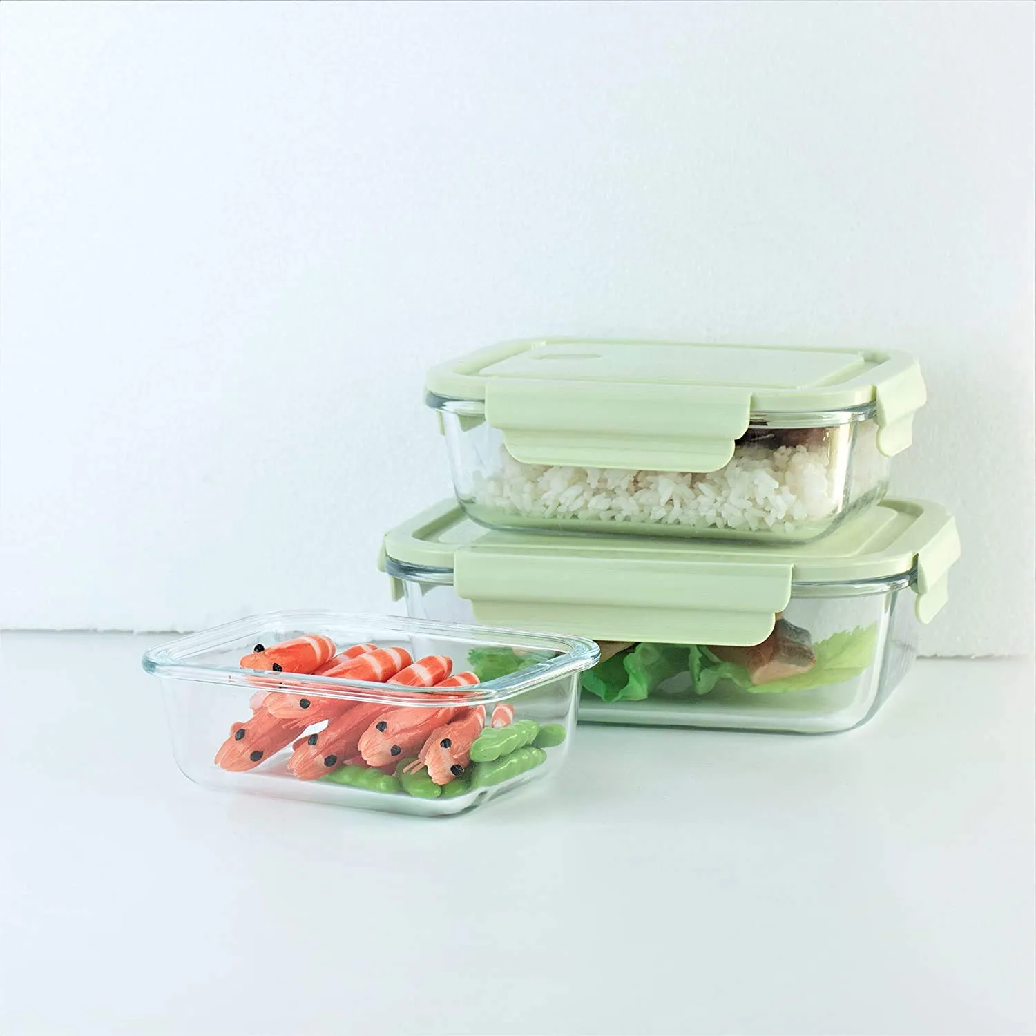 SEAHAVEN Glass Food Storage Container with Airtight Lid, Glass Rectangular Storage/Serving Bowl Set Lunch Tiffin Box with Clamp Plastic Lid Pack of 3(1040 ML)