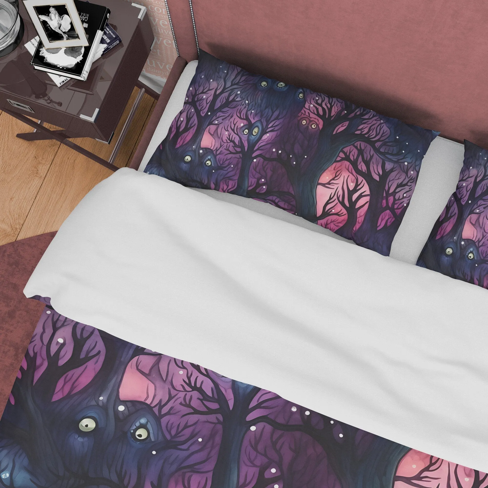 Spooky Woods, Enchanted Forest, Halloween Duvet Cover Set, Violet Aesthetic Bedding, Spooky Room Decor, US, European, Australian Sizes