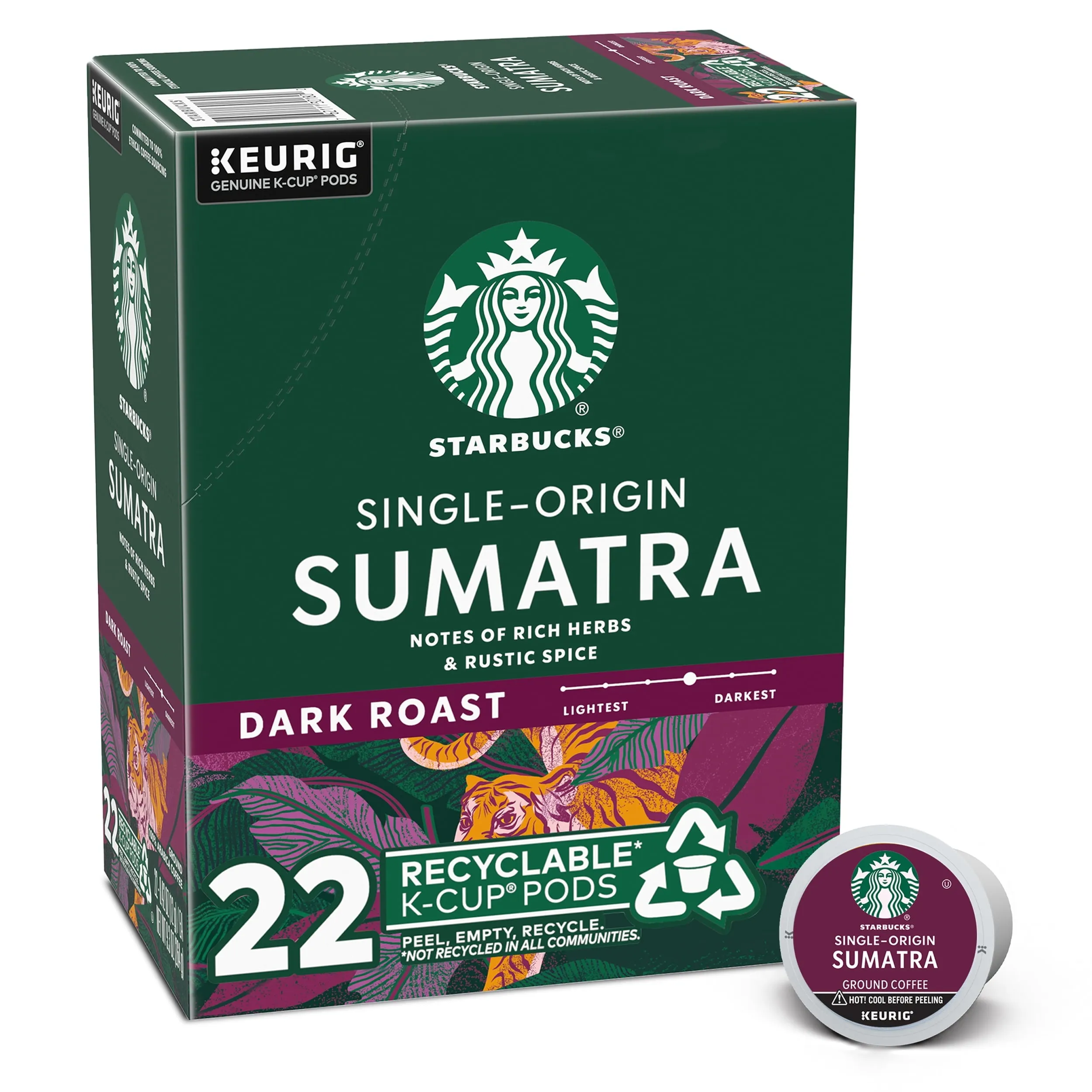 Starbucks, Sumatra Dark Roast K-Cup Coffee Pods, 22 Count