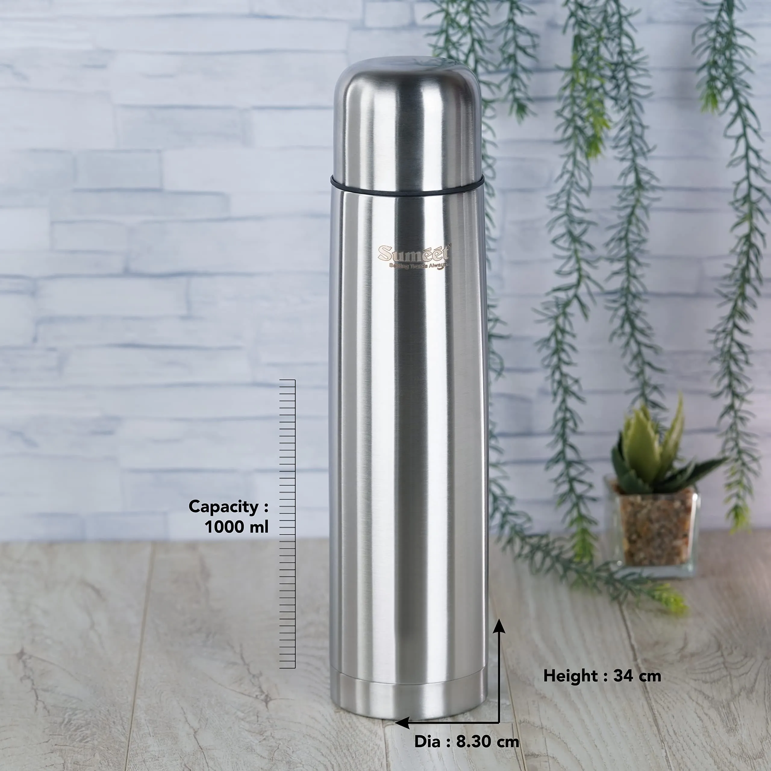 Sumeet Stainless Steel Double Walled Vacuum Flask/Water Bottle, with Flip Lid, 24 Hours Hot and Cold, 1000 ml, Silver - Set of 2 Pcs