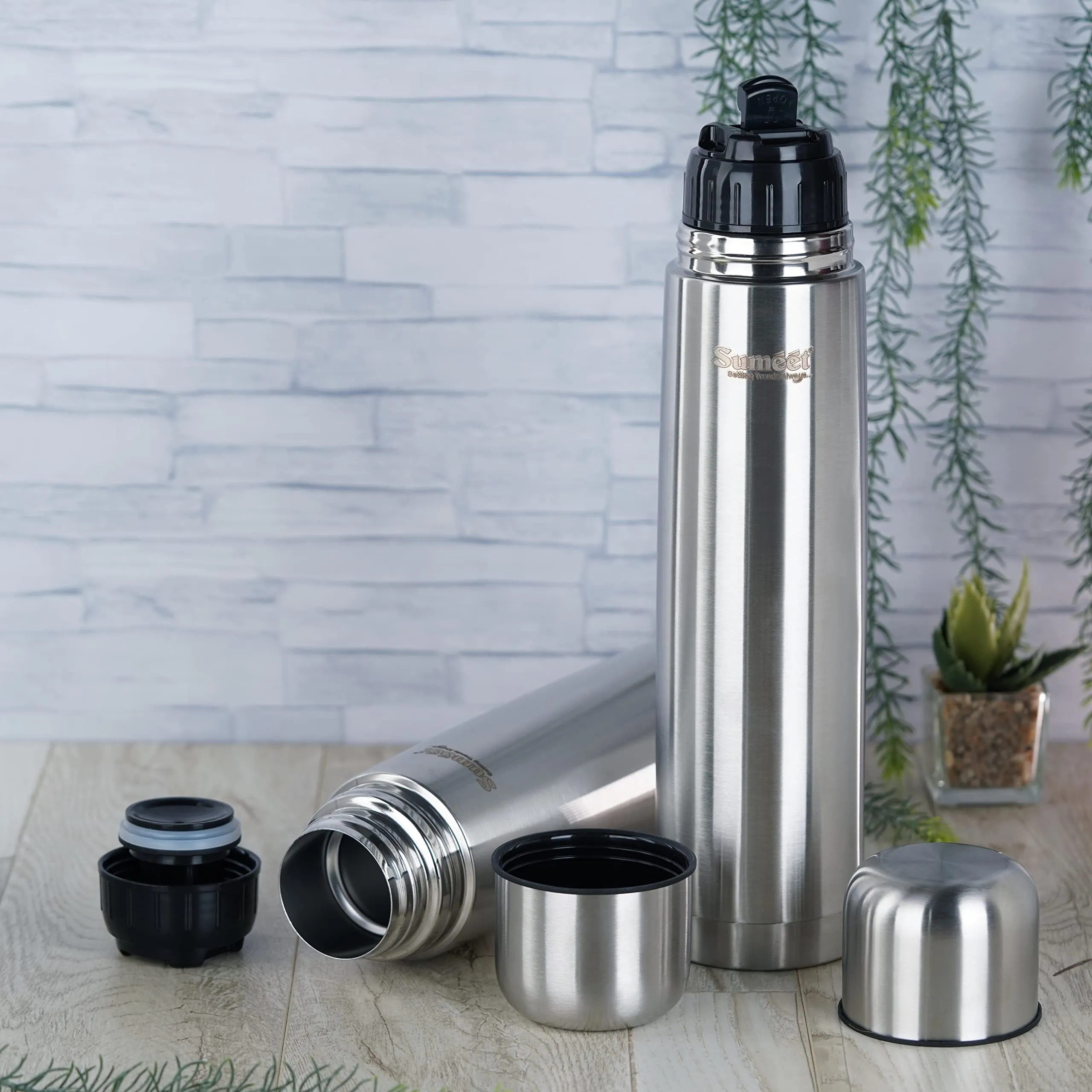 Sumeet Stainless Steel Double Walled Vacuum Flask/Water Bottle, with Flip Lid, 24 Hours Hot and Cold, 1000 ml, Silver - Set of 2 Pcs