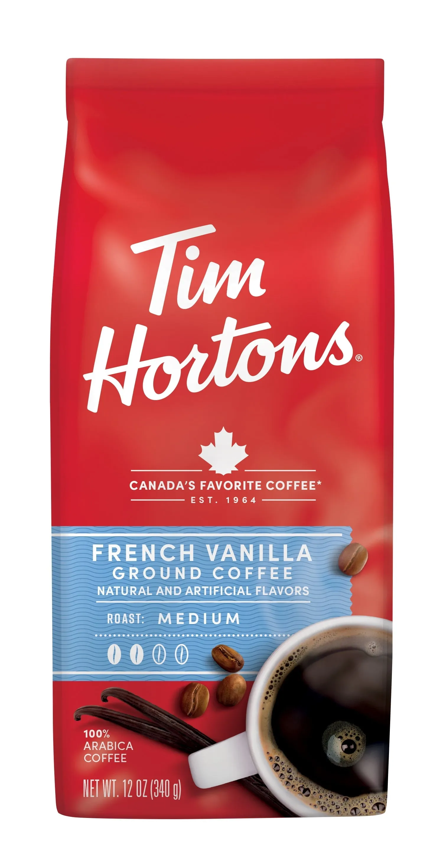 Tim Hortons French Vanilla Flavored Coffee, Medium Roast Ground Arabica, 12 oz Bag