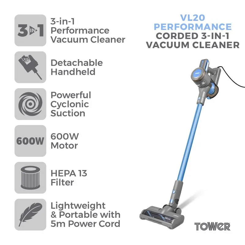 Tower Corded Vacuum Cleaner Performance Corded Stick 3 in 1 Corded Stick - Blue