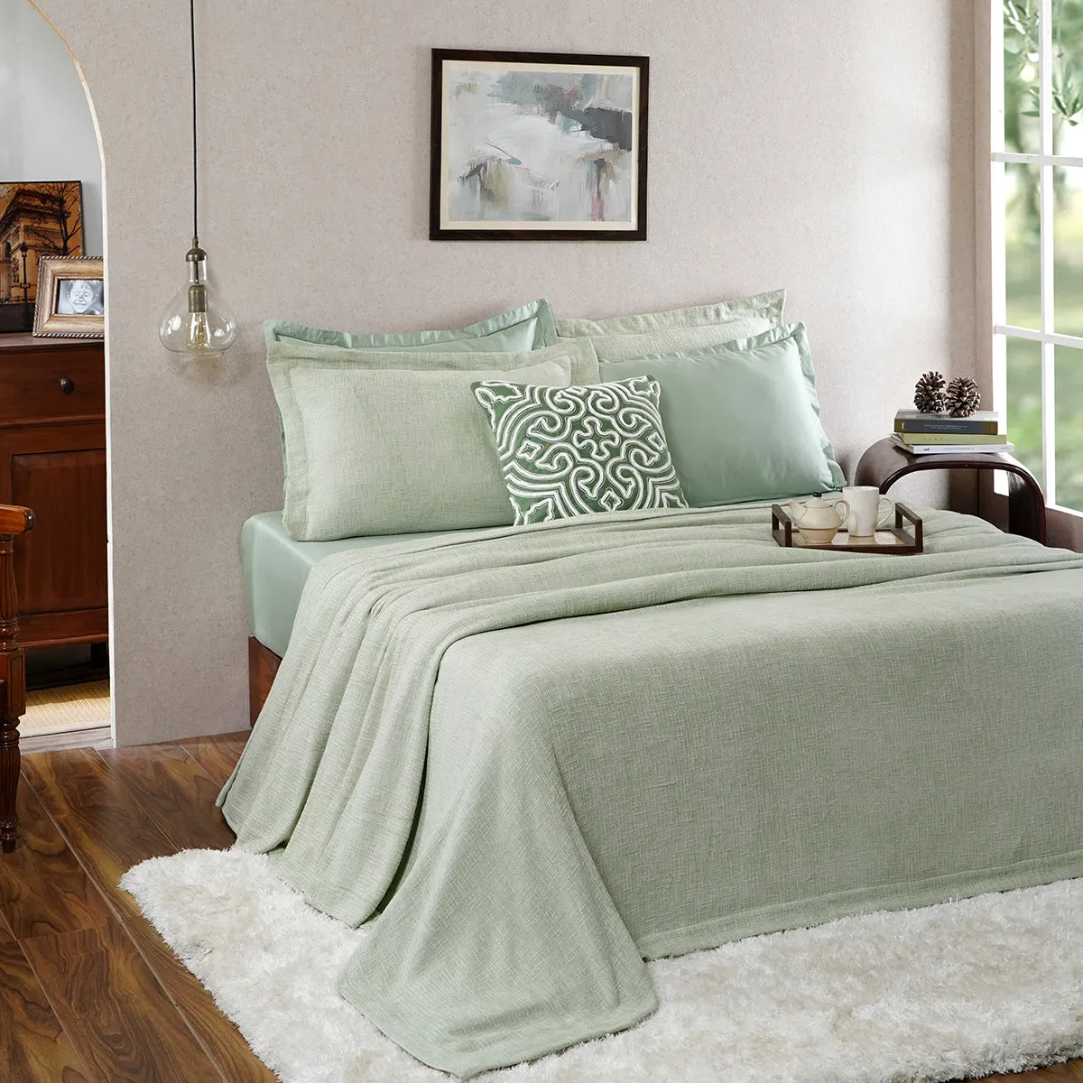 Tranquil Essence Burb Slub Viscose Blend Soft Weaved Green 8 PC Bed Cover Set