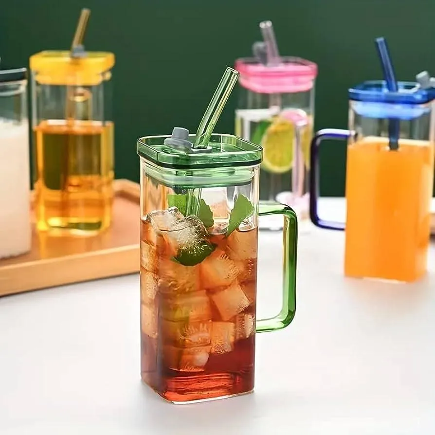 Transparent Square Tumbler Drinking Glass with Glass Straw and Colourful Handle