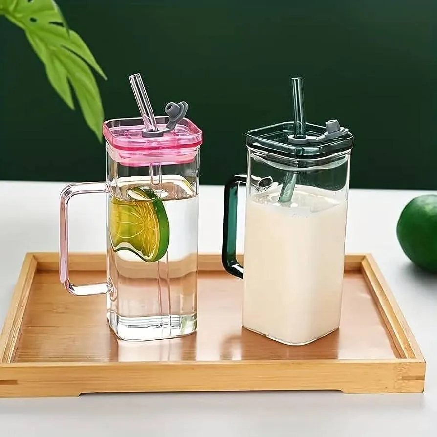 Transparent Square Tumbler Drinking Glass with Glass Straw and Colourful Handle