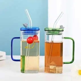 Transparent Square Tumbler Drinking Glass with Glass Straw and Colourful Handle