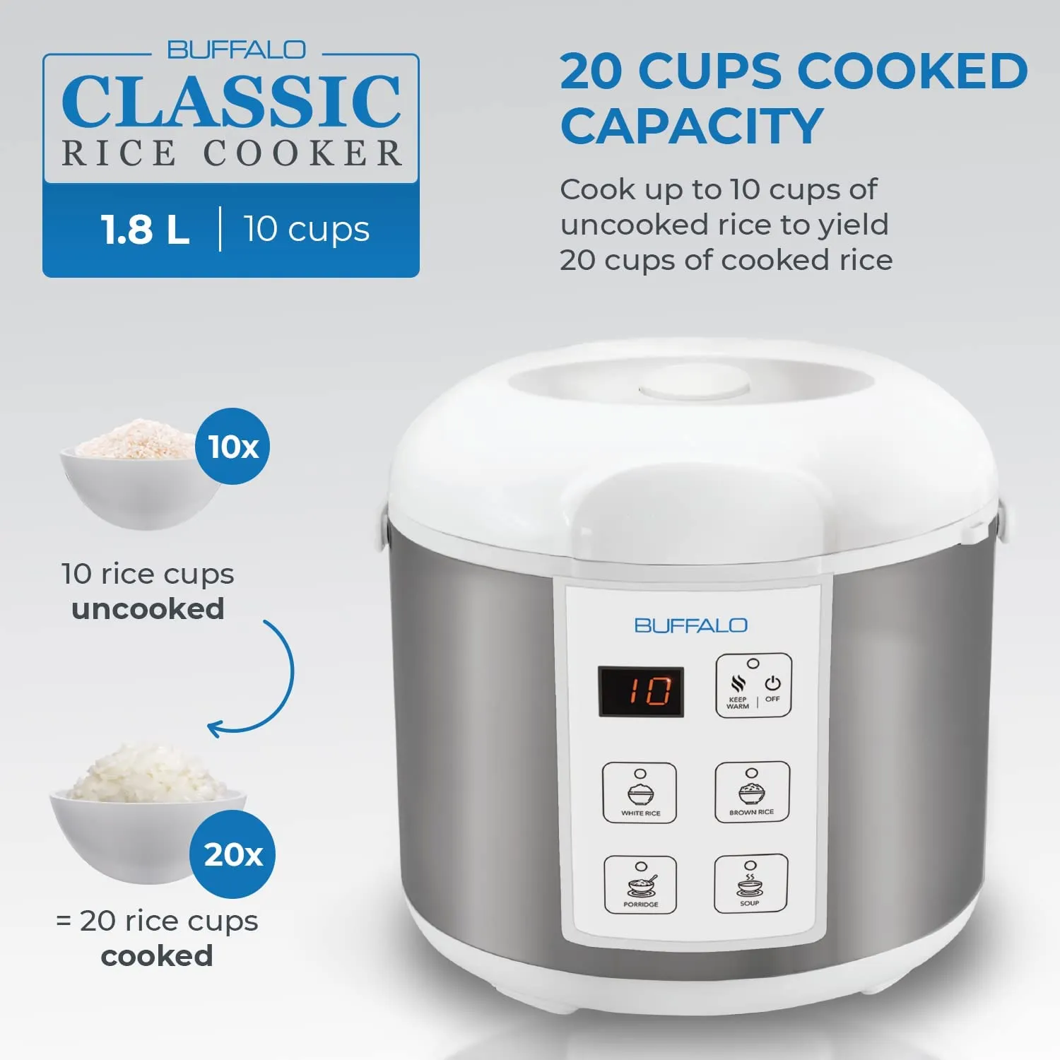 TWO Buffalo Classic Rice Cooker 1.8 Liter (10 Cups) (KWBSC18-II)