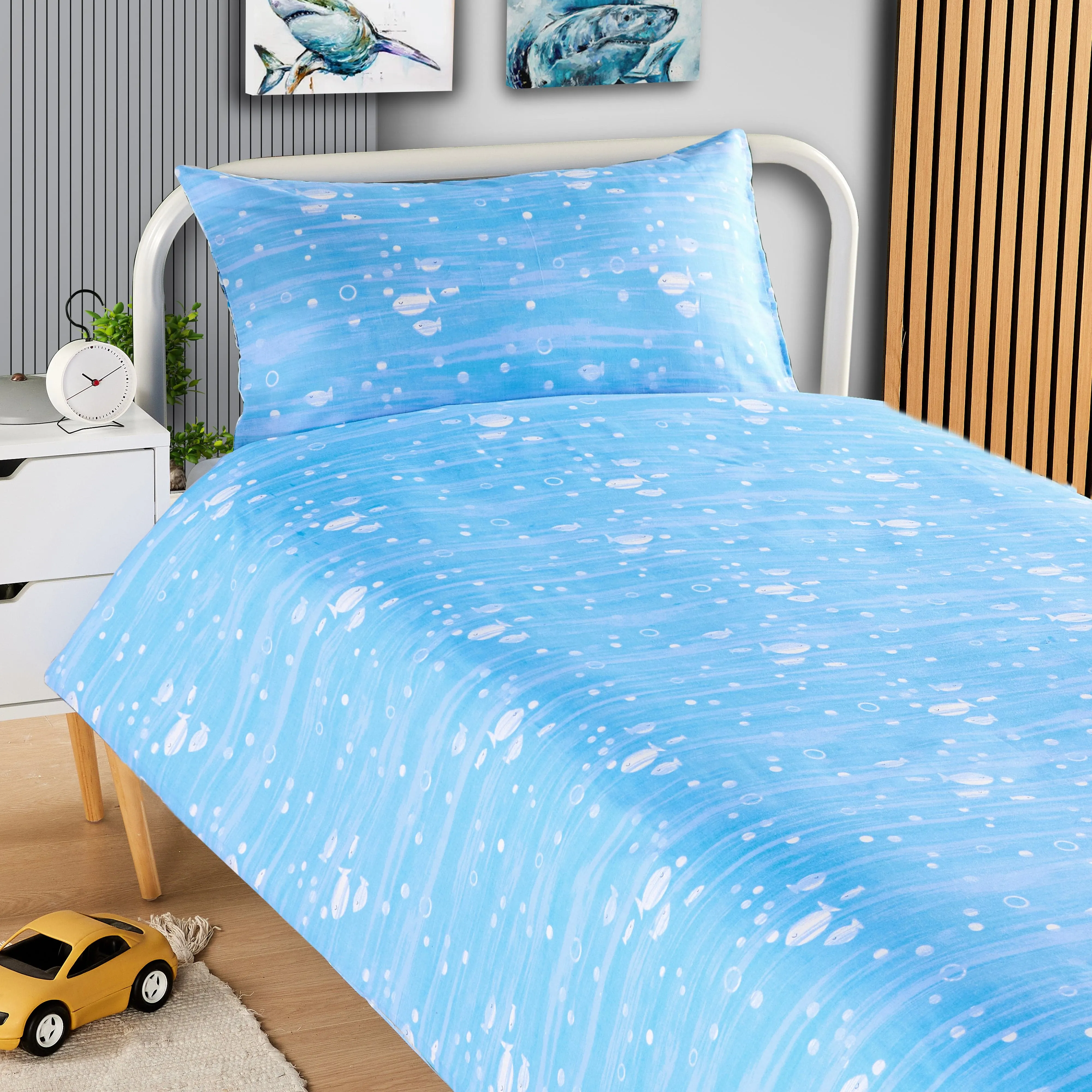 Underwater Sharks and Whales Kids Duvet Cover Set Reversible Soft Cotton Marine Life Bedding with Curtains for Boys and Girls by OLIVIA ROCCO