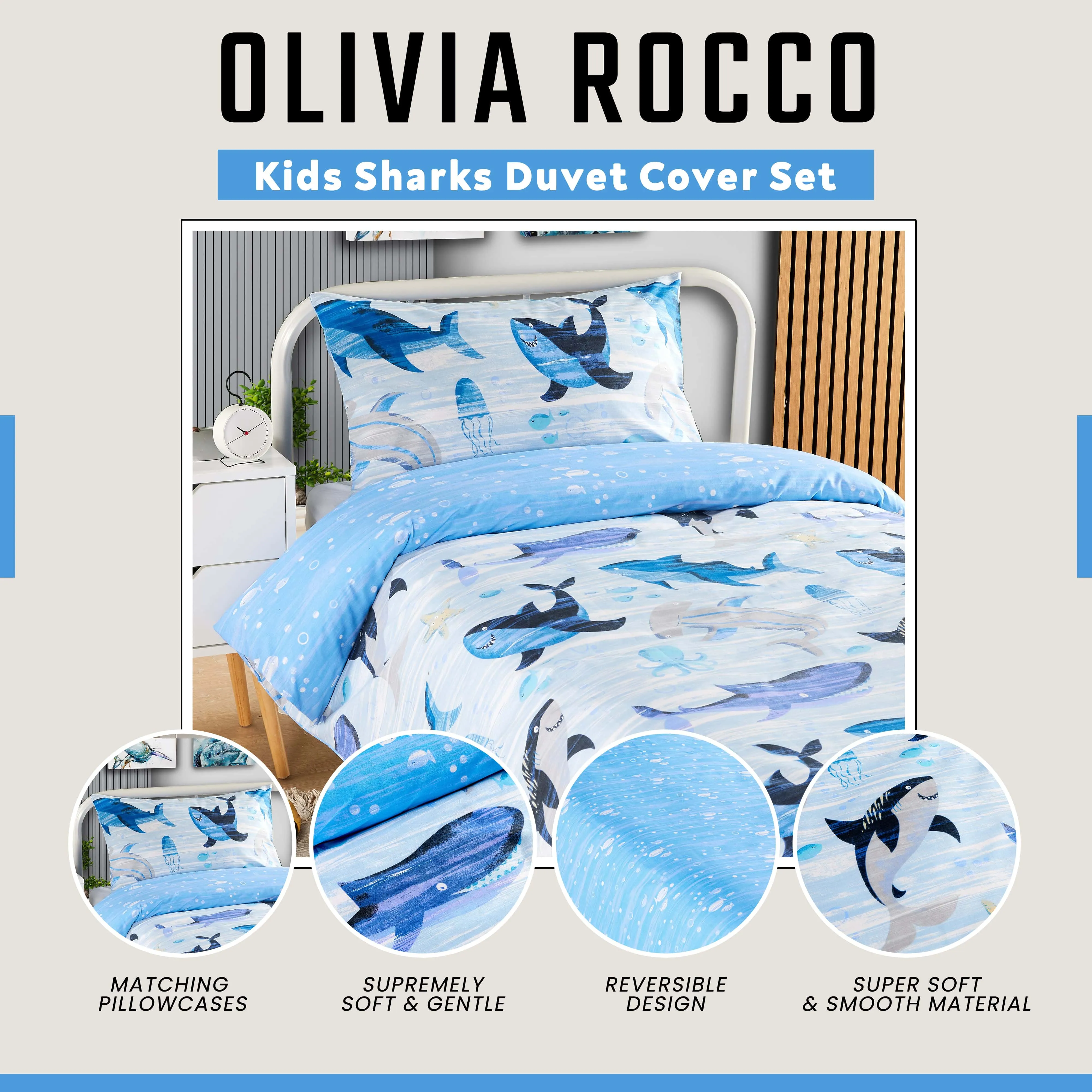 Underwater Sharks and Whales Kids Duvet Cover Set Reversible Soft Cotton Marine Life Bedding with Curtains for Boys and Girls by OLIVIA ROCCO