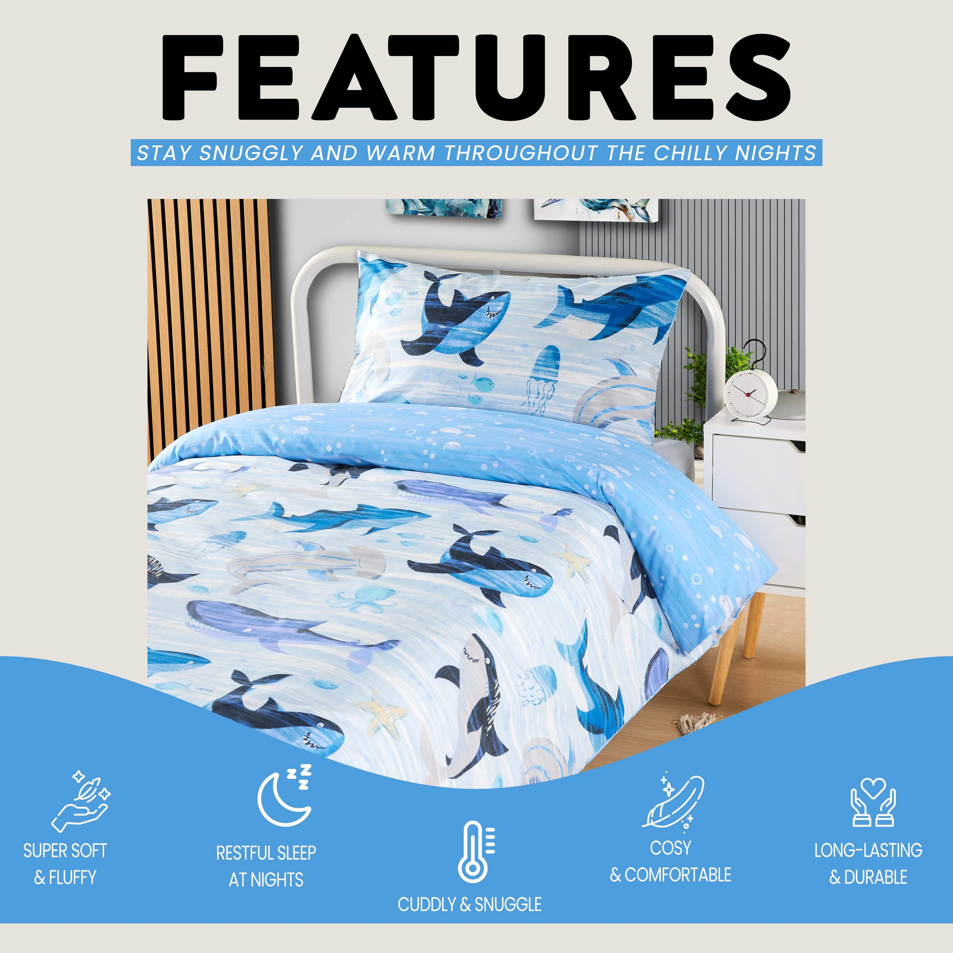 Underwater Sharks and Whales Kids Duvet Cover Set Reversible Soft Cotton Marine Life Bedding with Curtains for Boys and Girls by OLIVIA ROCCO