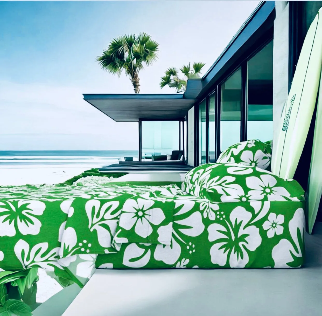 White Hawaiian Flowers on Fresh Green Sheet Set from Surfer Bedding™️ Medium Scale