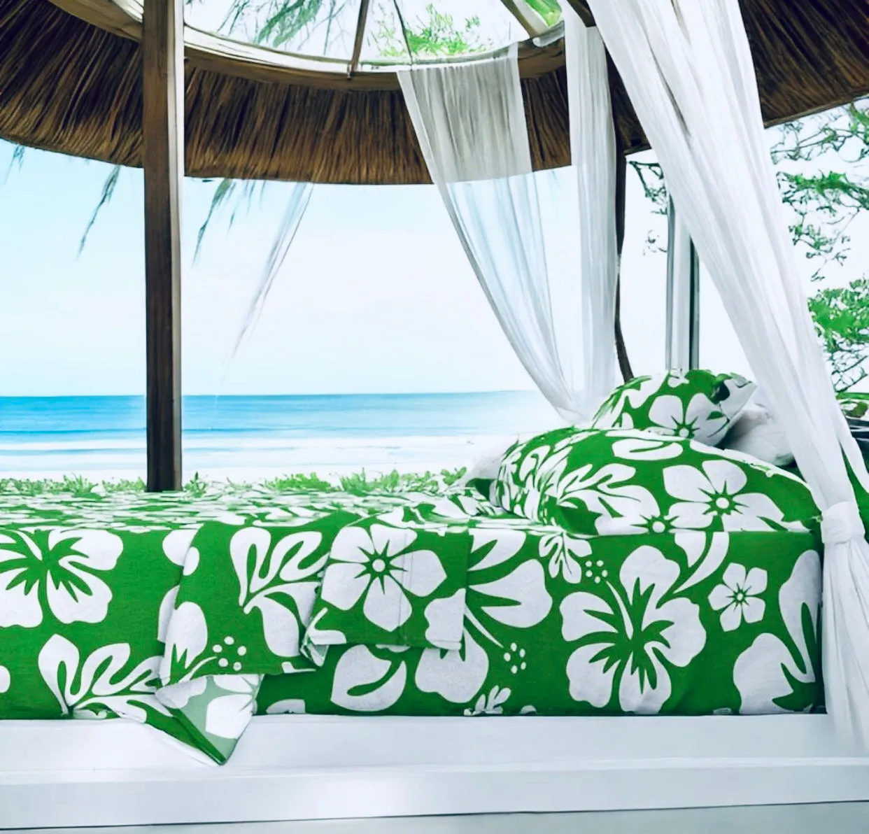 White Hawaiian Flowers on Fresh Green Sheet Set from Surfer Bedding™️ Medium Scale