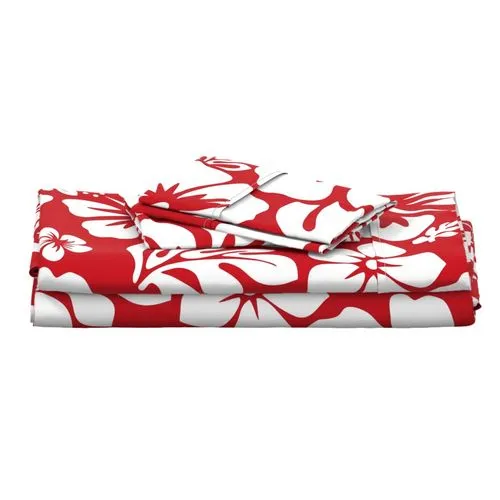 White Hawaiian Flowers on Surfer Red Sheet Set from Surfer Bedding™️ Medium Scale