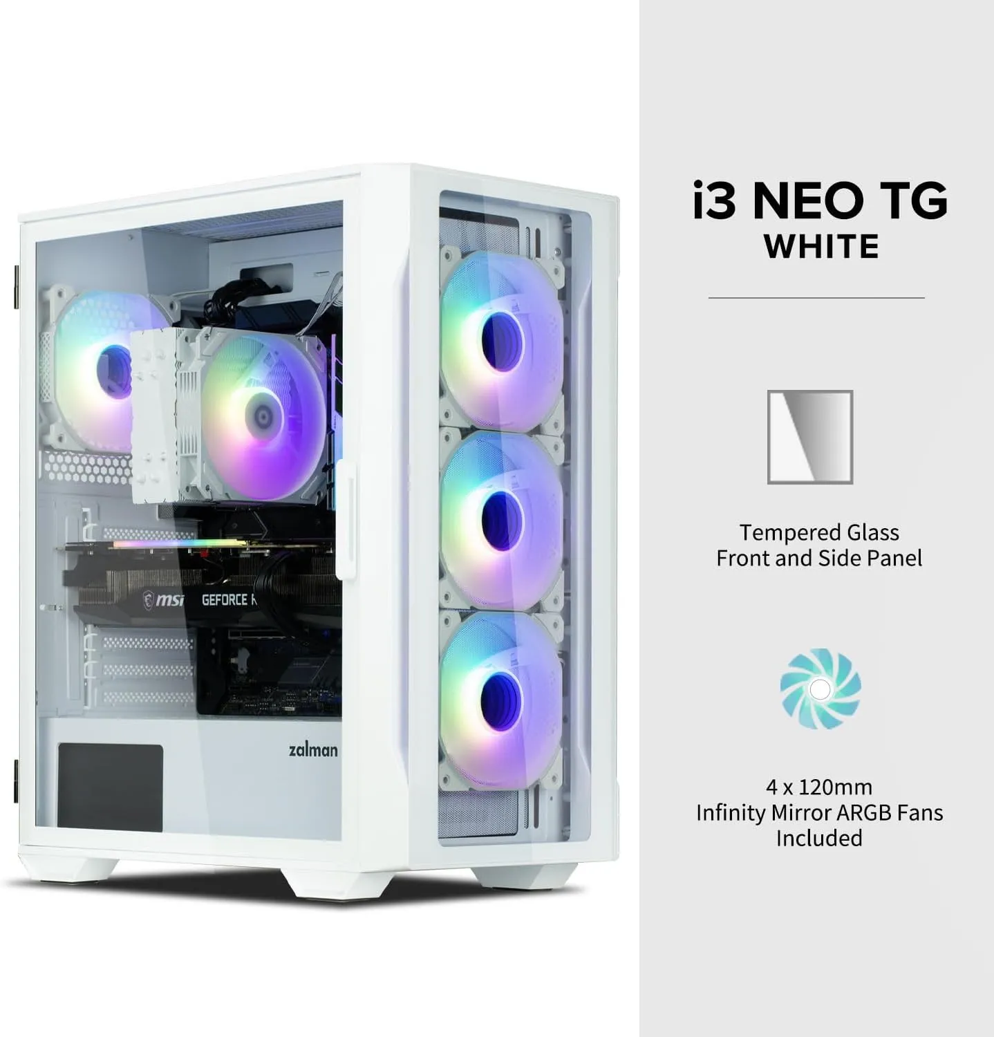 Zalman i3 Neo TG Mid-Tower PC Case w/ 4 x Infinity Mirror AGRB Fans - White